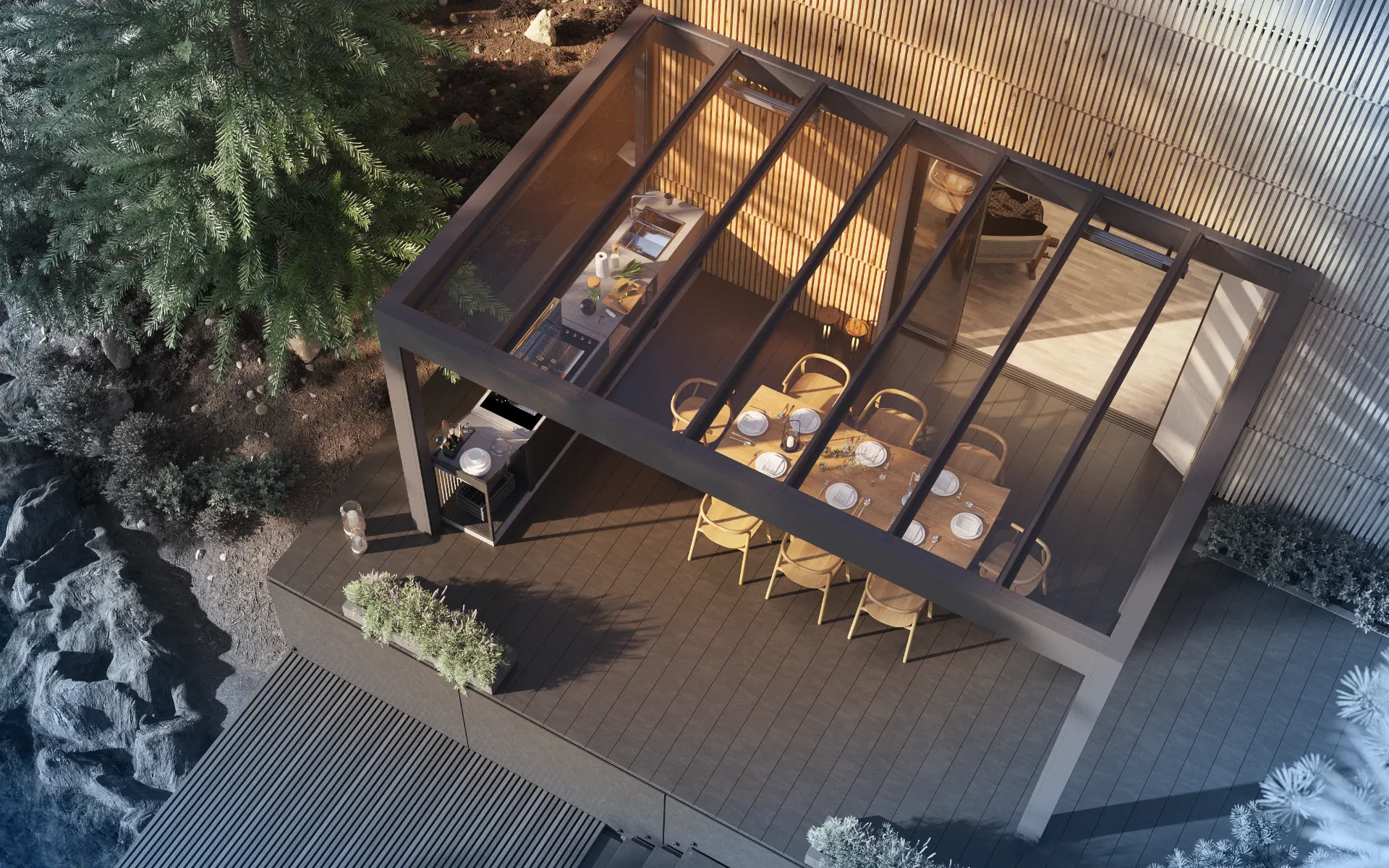 Terasă cu acoperiș de sticlă securizată BRUSTOR B800 protejează terasa și zona de gătit